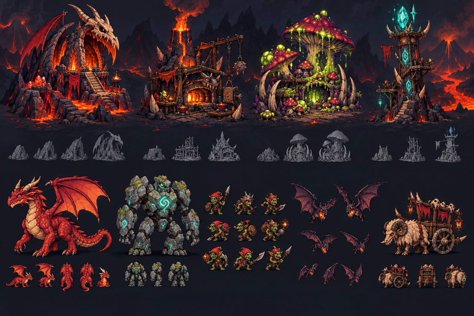 Pixel-art fantasy RTS asset studies with dragons, goblins, monsters, and volcanic buildings