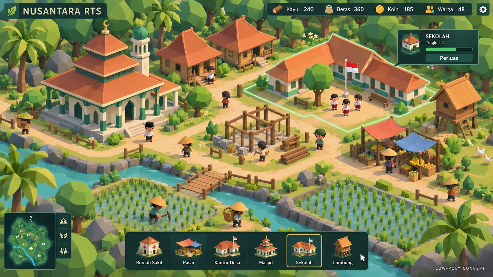 Nusantara RTS concept art showing an Indonesian village with rice fields, a mosque, school, and market